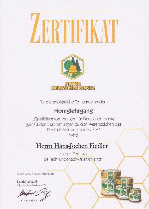 Honiglehrgang Zertifikat Imker Fiedler Friedberg
